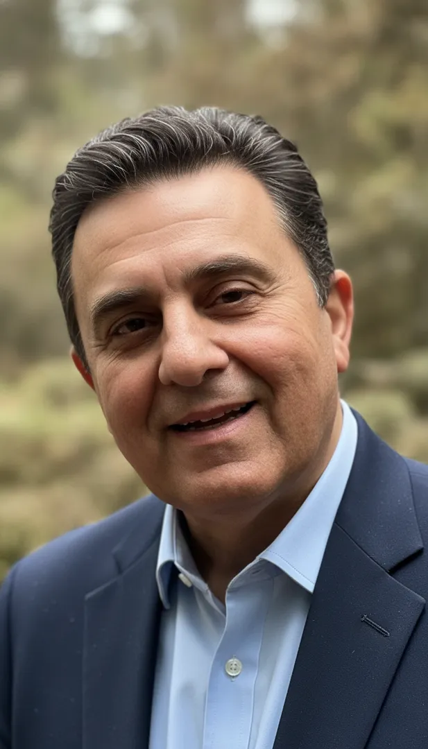 Smiling man outdoors in suit and shirt.